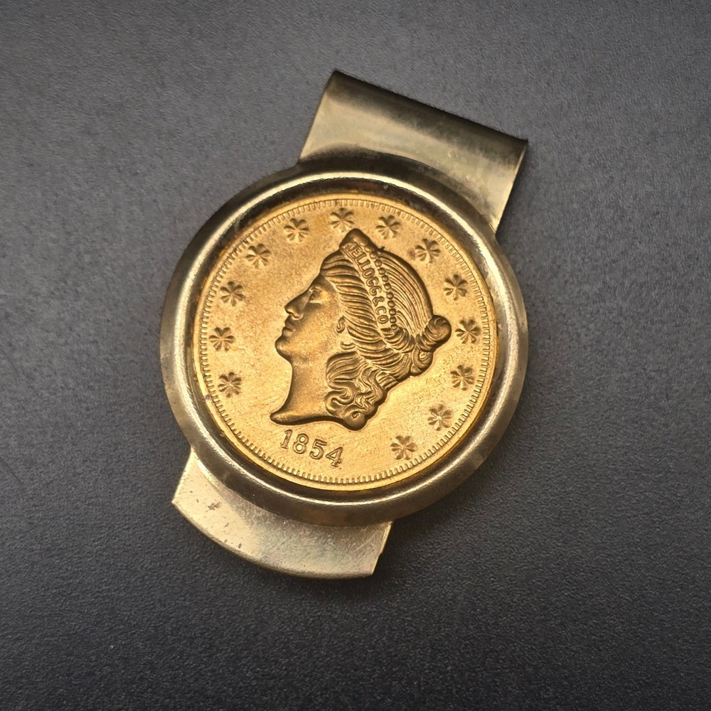 Vintage 1854 Liberty Coin Money Clip Reproduction Gold Tone Vintage